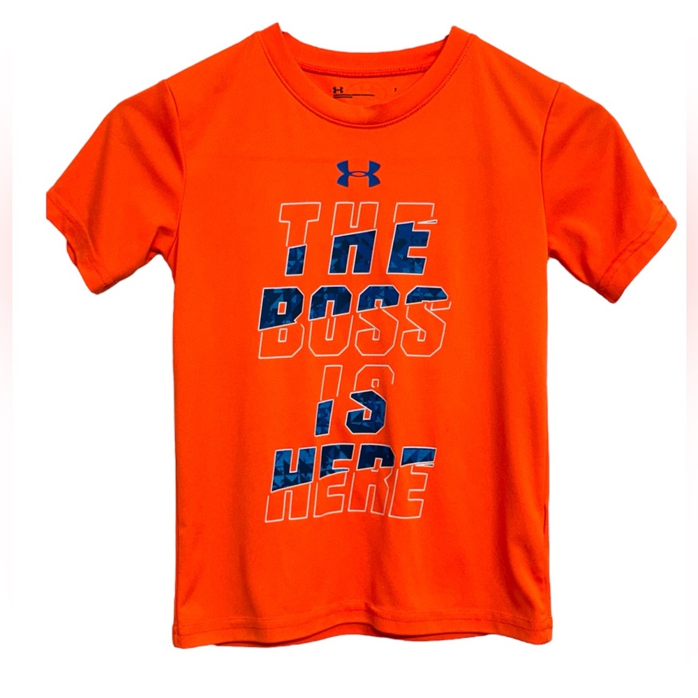 Under Armour Boy’s “ The Boss Is Here” Neon Orange Athletic Shirt Size 7 NWOT
